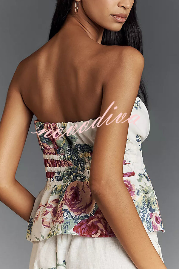 In To The Summer Linen Blend Floral Print Elastic Bandeau and Elastic Waist Pocket Loose Pants Set