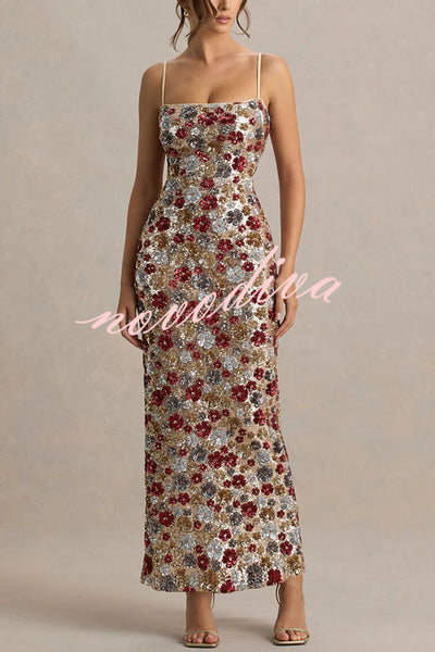 The Center of Attention Floral Print Sequin Square Neck Slip Stretch Maxi Dress