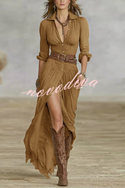 Fashion Lapel Single-breasted Waist Shirt-style Maxi Dress