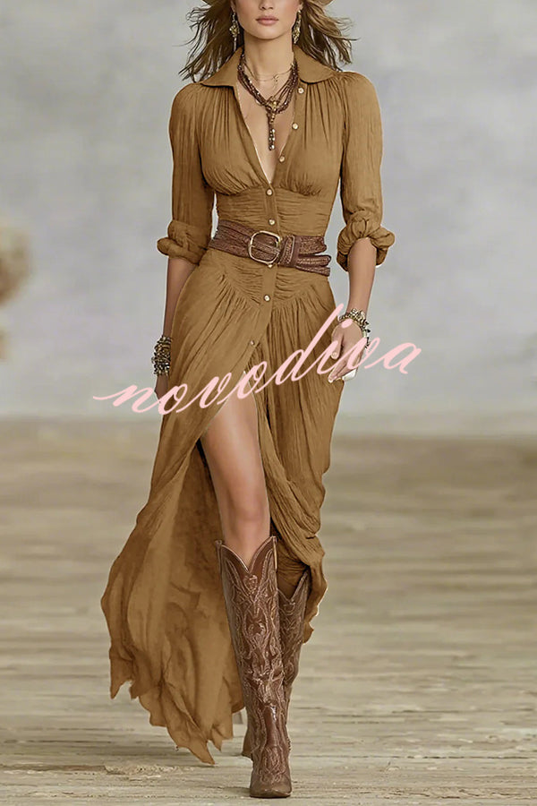Fashion Lapel Single-breasted Waist Shirt-style Maxi Dress