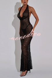 Shine All Night Sheer Sequin Cowl Neck Halter Maxi Dress