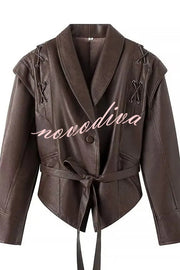 Street Warrior Faux Leather Distressed Style Lace-up Lapel Belt Oversized Jacket