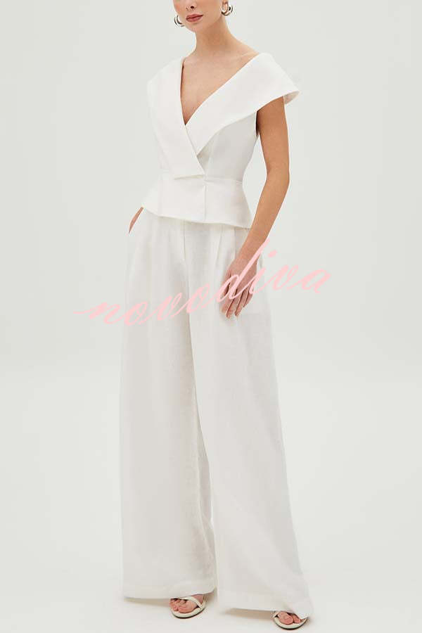 Velena Linen Blend Button Up Lapel Top and High Rise Pocket Wide Leg Pants Set