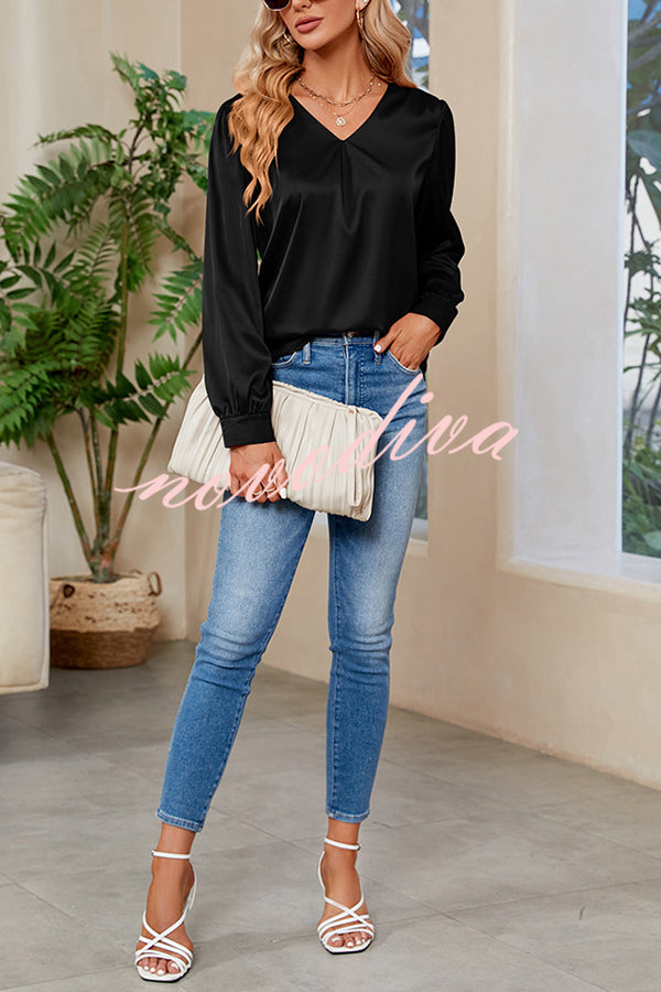 Satin Pleated V-neck Long-sleeved Loose Shirt