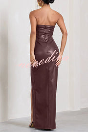 Sexy Meaning Faux Leather Strapless Bandeau Split Maxi Dress