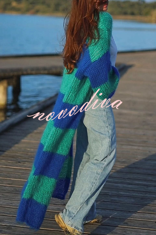 Fashionable Contrast Stripes Lazy Style Loose Long Knitted Cardigan
