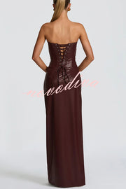 Alba Faux Leather Pleated Off Shoulder Neck Slit Stretch Maxi Dress
