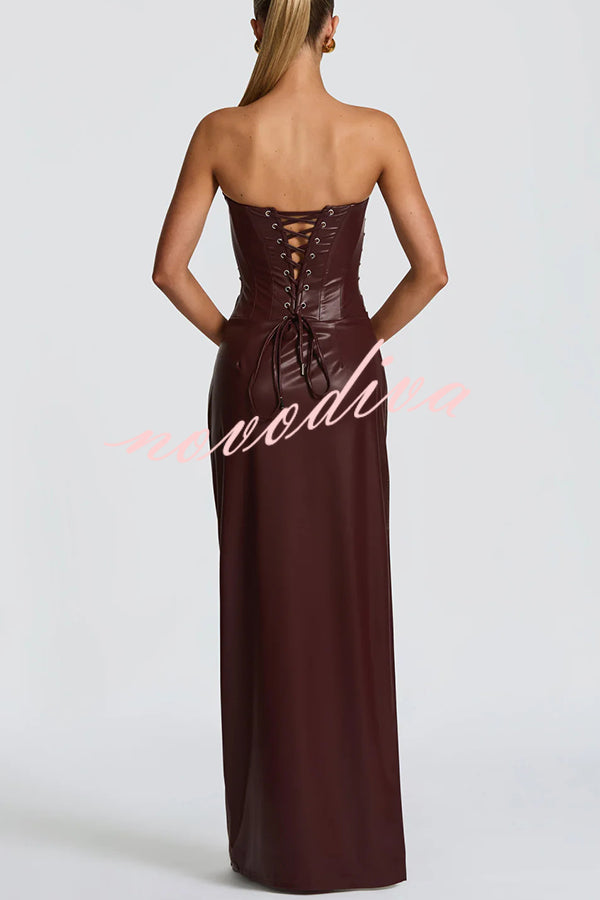 Alba Faux Leather Pleated Off Shoulder Neck Slit Stretch Maxi Dress