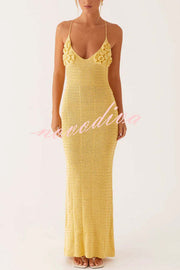 Olivia Crochet Knit Rose Texture Backless Stretch Maxi Dress