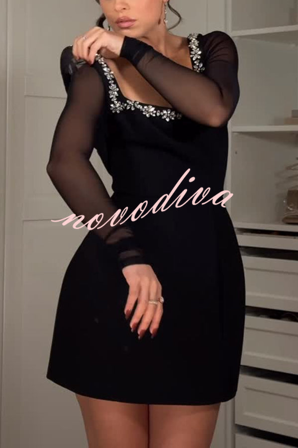Emmey Jewel Embellished Trim Square-Neck Mesh Long Sleeve Mini Dress