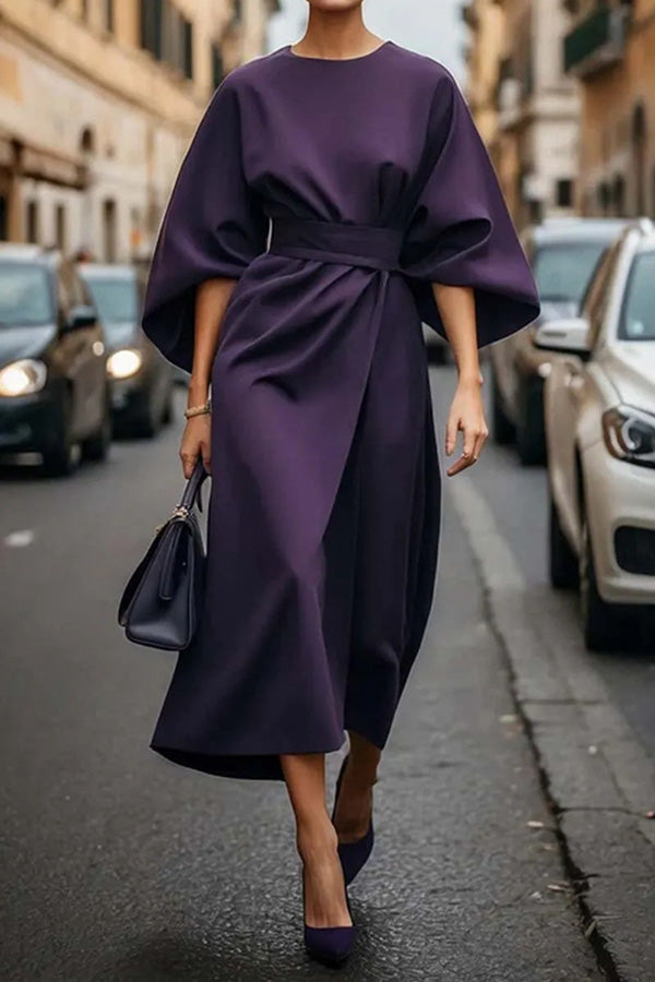 Solid Color Batwing Sleeve Waisted Casual Midi Dress