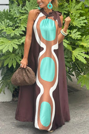 Unique Print Sleeveless Halter Neck Loose Holiday Maxi Dress