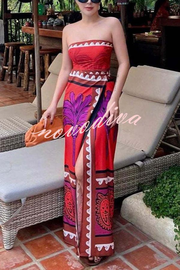 Botanical Floral Print Sexy Stretchy Tube Top High Waist Slit Maxi Dress