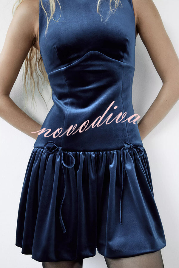 Solid Velvet Bow Embellished Sleeveless Mini Dress