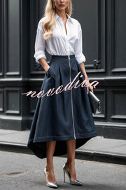 Effortless Charm Front Zipper Detail Pocketed High Low Pleated Midi Skirt