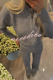 Cozycore Knit Zipper Long Sleeve Cardigan and Stretch Wide Leg Pants Set