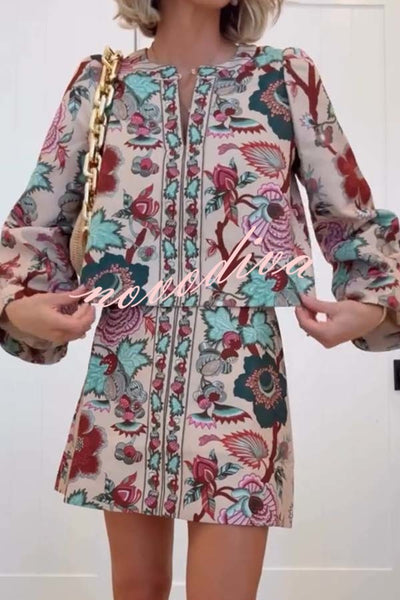 Autumn Garden Printed V-neck Long Bell Sleeve Top and Mid Rise Skirt Set
