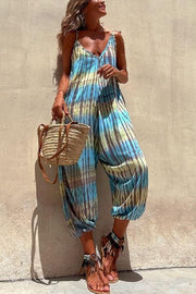 Brighton Beach Tie-dye Print Shoulder Tie Pocketed Loose Jumpsuit