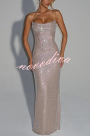 Mirabella Sequin Pleated Cowl Scooped Neckline Back Lace-up Strapless Maxi Dress