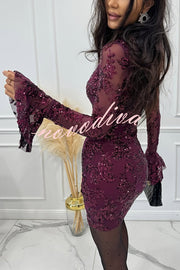 Deep and Dazzling Floral Texture Sequin Long Bell Sleeve Open Back Mini Dress