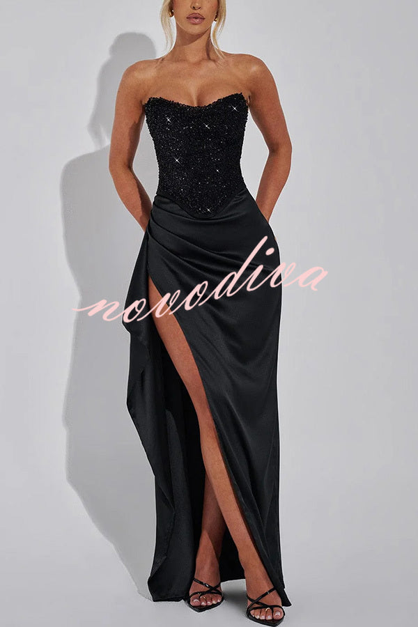 Amazing Dream Sequin Satin Patchwork Off Shoulder Ruffles Drape Slit Maxi Dress