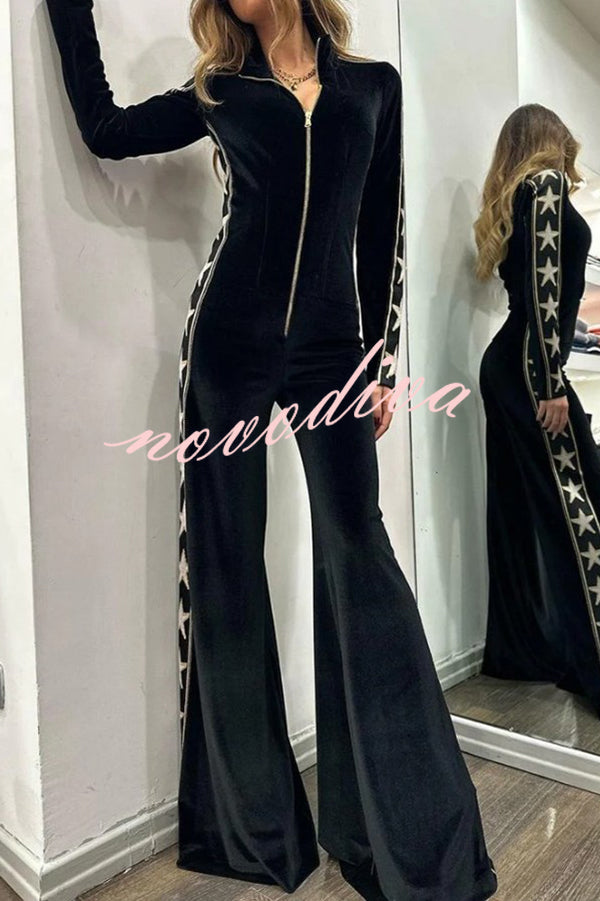 Star-print Velvet Patchwork Zipped Wide-leg Jumpsuit