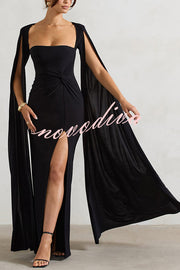 Elegant Goddess Square Neck Twisted Cape Sleeve Slit Maxi Dress