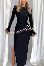 Solid Color Round Neck Ostrich Feather Long Sleeve Slim Maxi Dress