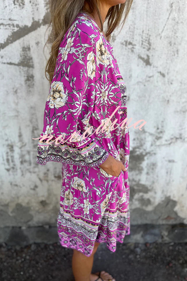 Ethnic Floral Print V-neck Loose Pocket Mini Dress