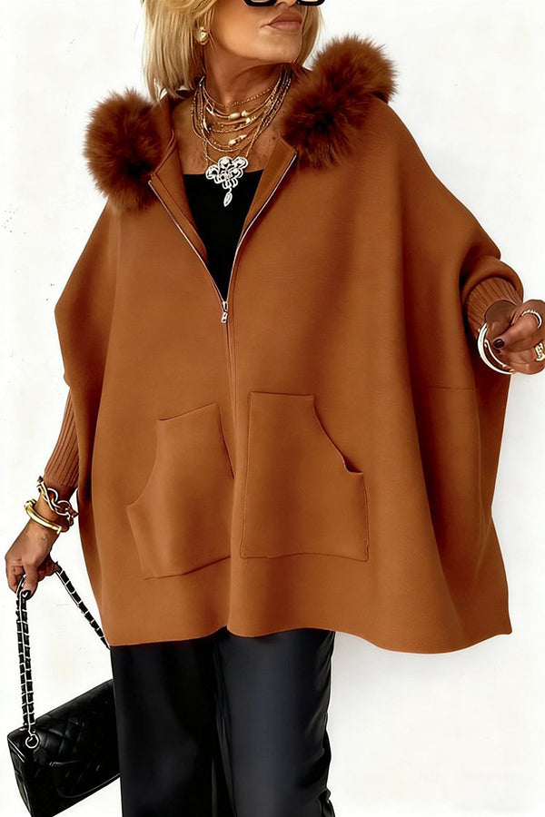 Warm Call Knit Long Sleeve Zipper Plush Hooded Pocket Loose Cardigan