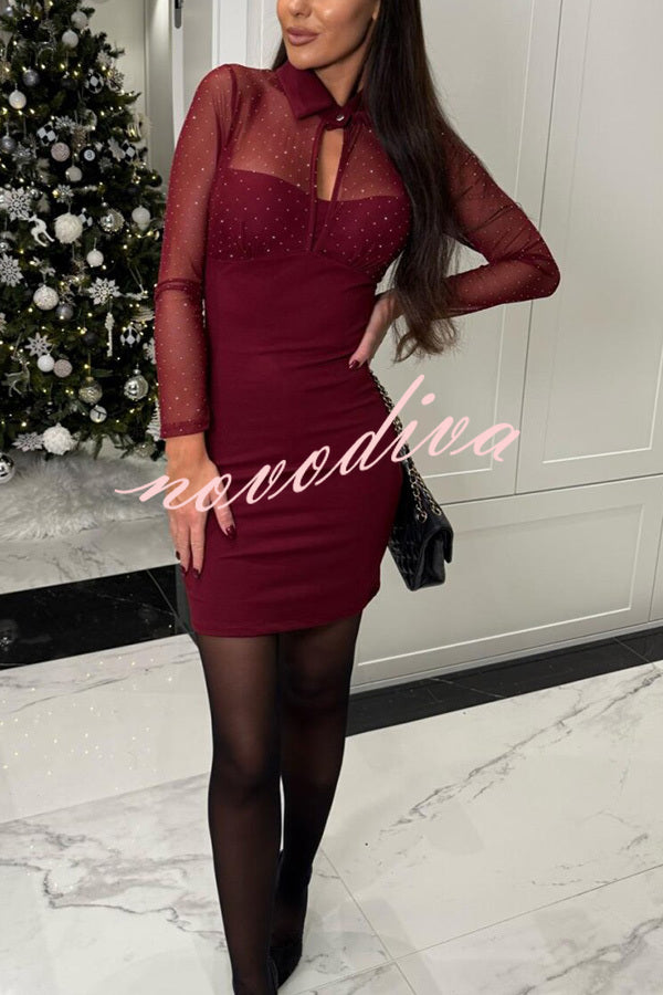 Sexy Energy Mesh Glitter Fabric Cutout Shirt Neck Long Sleeve Stretch Mini Dress