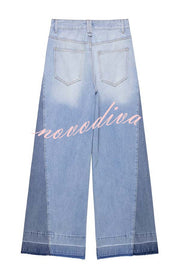 Ellison Denim Side Colorblock High Rise Pocket Wide Leg Jeans