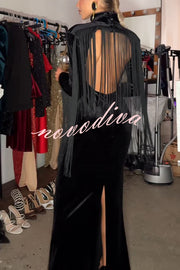 Eve Velvet Open Back Tassel Trim Long Sleeve Slit Maxi Dress