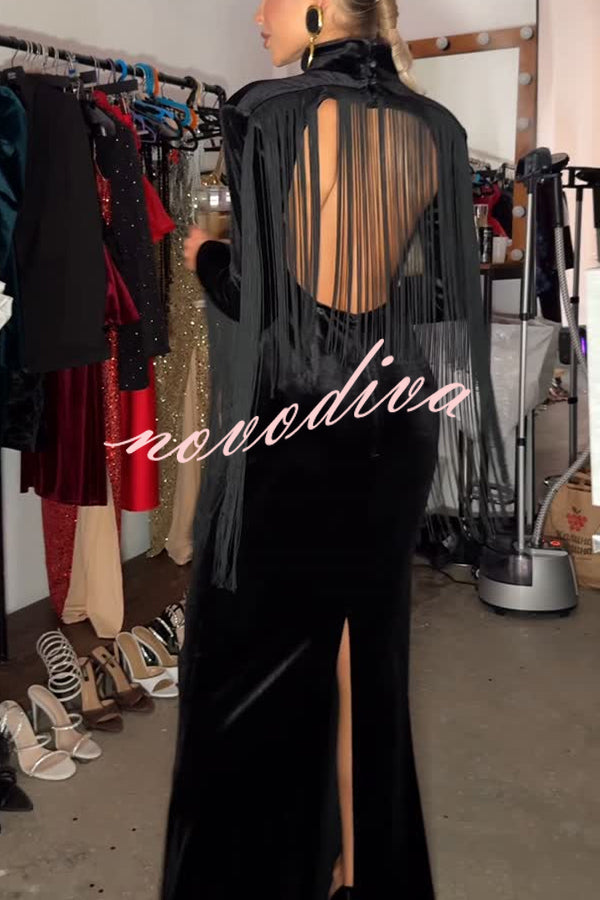 Eve Velvet Open Back Tassel Trim Long Sleeve Slit Maxi Dress