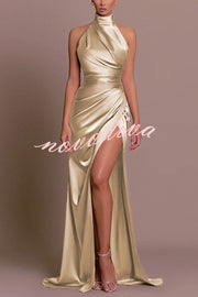 Satin Sexy Halter Neck Sleeveless High Slit Slim Maxi Dress