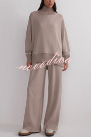 Berner High-Neck Long Sleeve Side Zipper Sweatshirt and Elastic Waist Pocketed Loose Pants Set