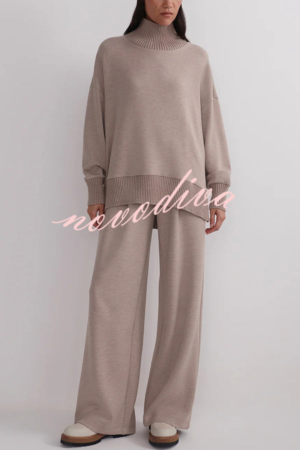 Berner High-Neck Long Sleeve Side Zipper Sweatshirt and Elastic Waist Pocketed Loose Pants Set