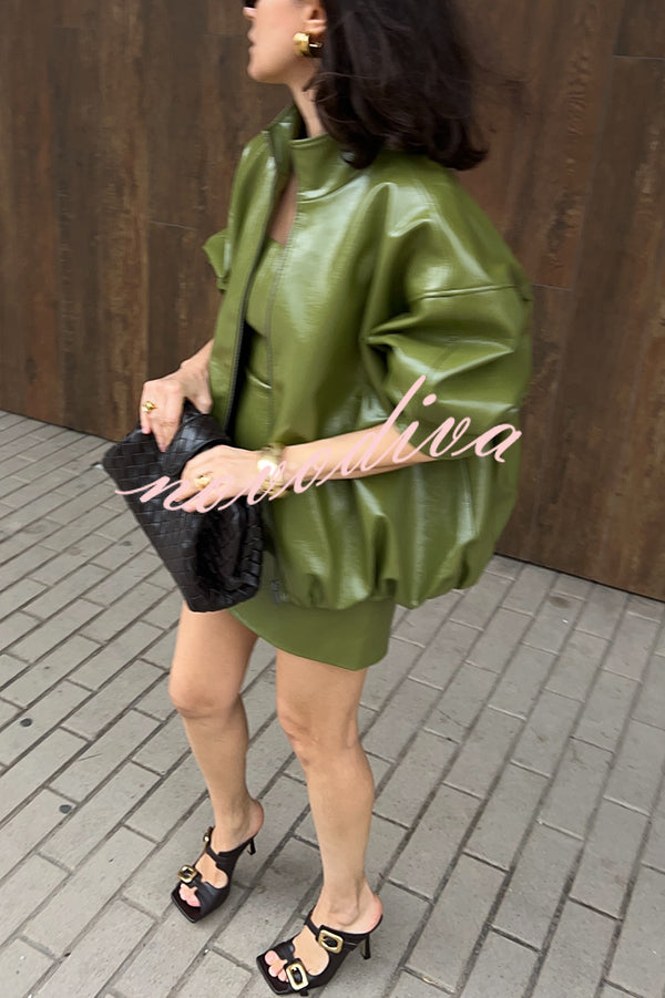 Solid Color Loose Long Sleeve Pocket Casual Leather Jacket