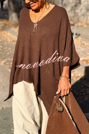 Fashion V-neck Loose Pocket Mid-length Knitted Sweater