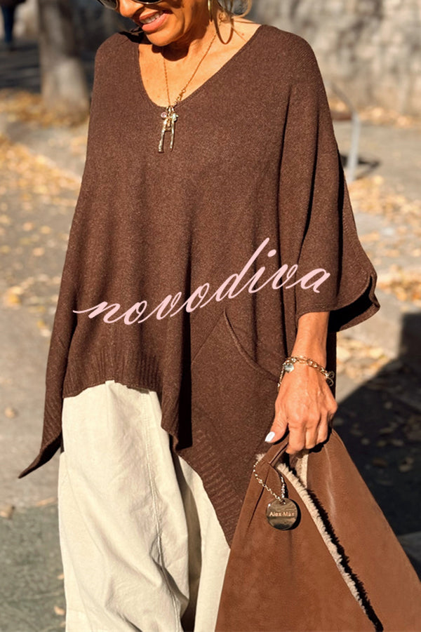 Fashion V-neck Loose Pocket Mid-length Knitted Sweater