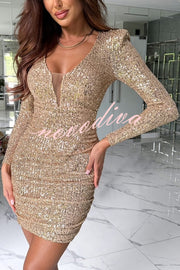 Dreamy and Dazzling Sequin Mesh V-neck Long Sleeve Ruched Stretch Mini Dress