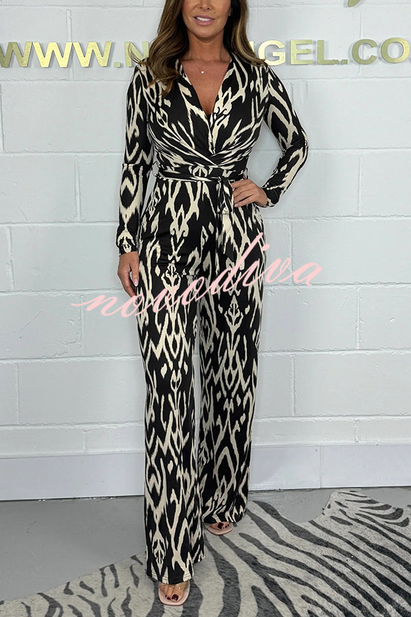 Fashion Leopard Print V-Neck Long Sleeve Lace-Up Casual Jumpsuit