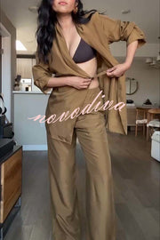 Bella Satin Drape Collar Single Button Casual Blazer and Elastic Waist Pocket Loose Pants Set