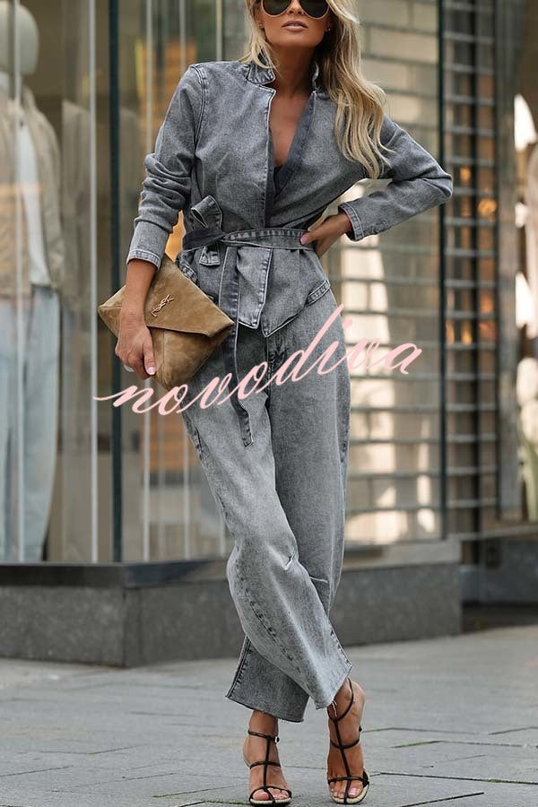 Casual Meetup Denim Stand Neck Long Sleeve Belted Loose Jacket