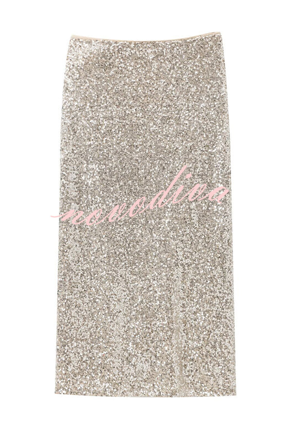 Crushing on You Sequin High Rise Wrap Tie-up Slit Midi Skirt