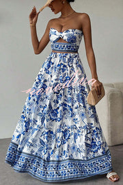 Floral Print Cutout Bandeau Top and Elastic Waist Full Maxi Skirt Set