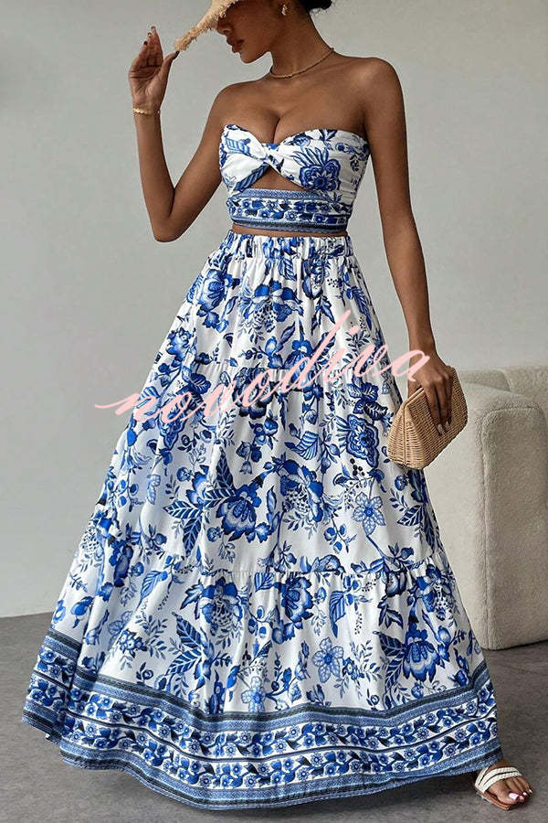 Floral Print Cutout Bandeau Top and Elastic Waist Full Maxi Skirt Set