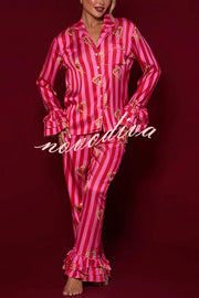 Festive Season Long Candy Stripe Tiered Bell Cuffs Elastic Waist Pocketed Pajama Set