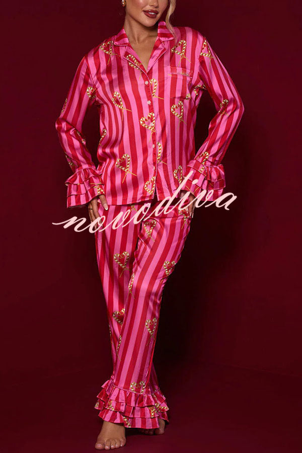 Festive Season Long Candy Stripe Tiered Bell Cuffs Elastic Waist Pocketed Pajama Set