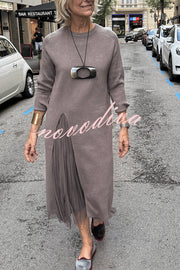 Jollie Knit Long Sleeve Front Slit Midi Sweater and Pleated Tulle Stretch Tank Midi Dress Two-piece Set